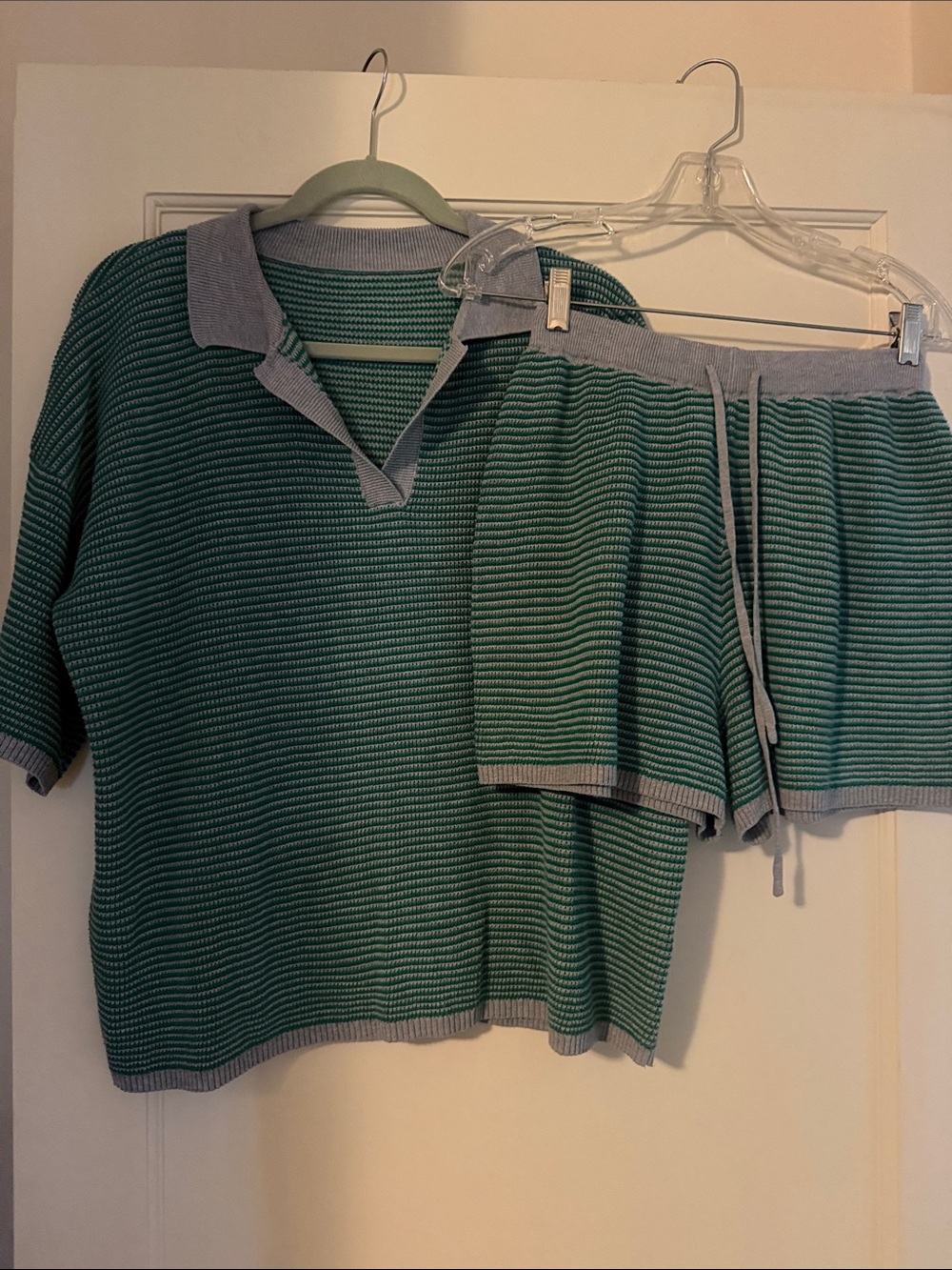 Green & Gray Striped Knit Polo Set - Short Sleeve Top + Drawstring Shorts